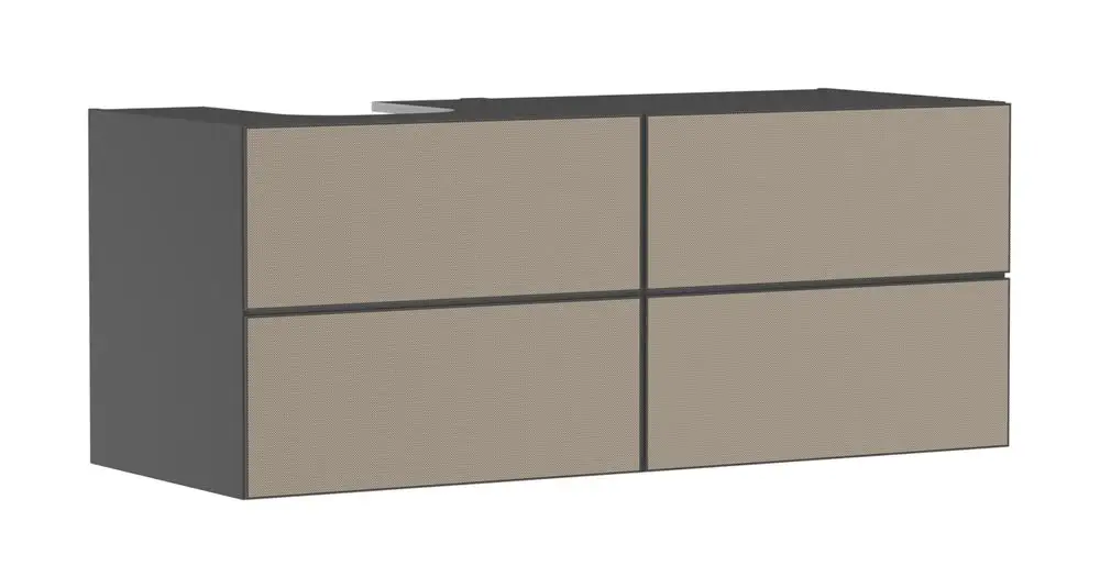 Waschtischunterschrank in schiefergrau mit vier Schubkästen. Designed für Konsolen-Aufsatzwaschtische. Marke: Hansgrohe.